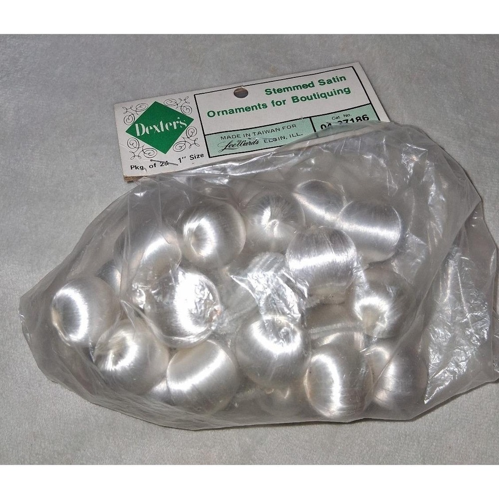 Vintage Dexter's Stemmed Satin Silver Christmas Ornaments 1" Lot of 24 NOS
